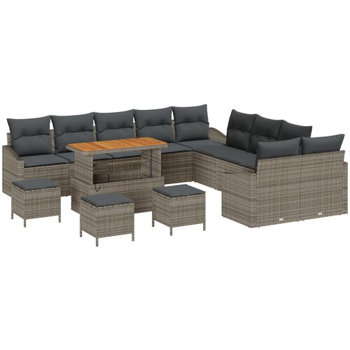 VidaXL 14 delni set vrtne sofe z blazinami Siva Poli Ratan Akacija, 2-sedežna vrtna sofa s shrambo in blazinami Siva Poli Ratan, 4 delni set vrtne jedilne garniture z blazinami Siva Poli Ratan Akacija Slike