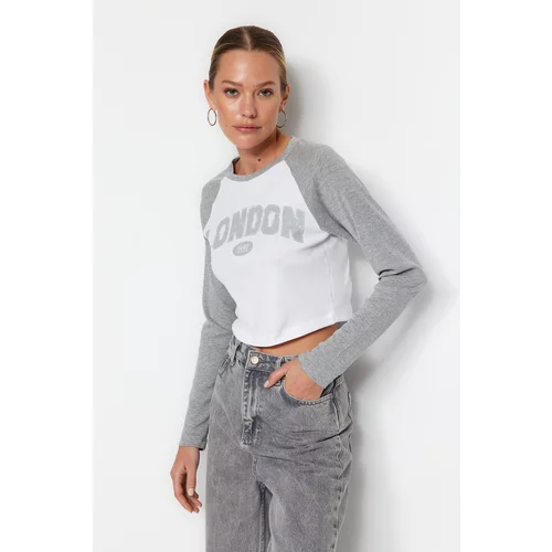 Trendyol City Gray Print Color Block Fitted/Sleeping Flexible Crop Knitted T-Shirt