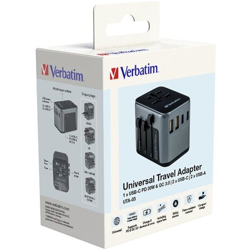  Adapter Verbatim UTA-03 #49545 univerzalni putni USB-C PD &amp;amp; QC, 2 USB-C, 2 USB-A ports Slike