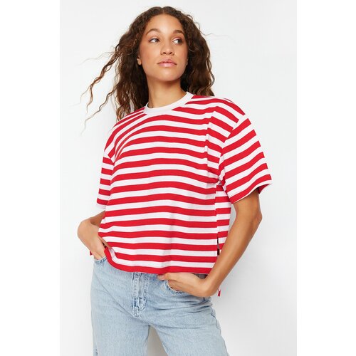 Trendyol Red Striped 100% Cotton Asymmetrical Loose/Relaxed Cut Knitted T-Shirt Slike