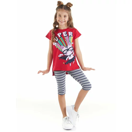 Mushi Super Cat Girl Kid's Red T-shirt, Gray Leggings Summer Suit.