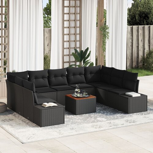 VidaXL 10-delni set vrtnih sofa z blazinami Črn Poli Ratan Akacija Slike