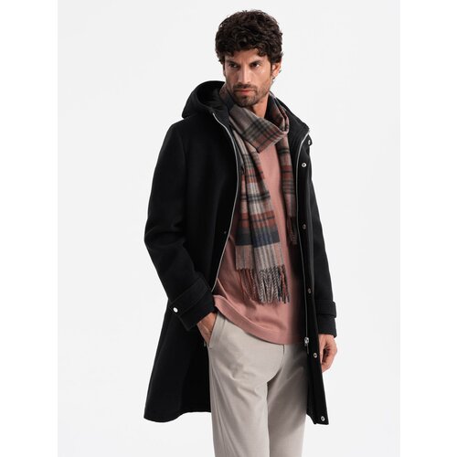 Ombre Men&amp;#039;s long monochrome hooded coat - black Slike
