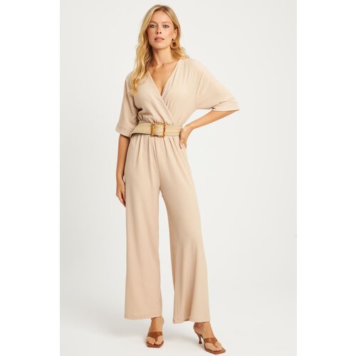 Cool & Sexy Women's Vanilla Double Breasted Belted Wrinkled Jumpsuit Cene