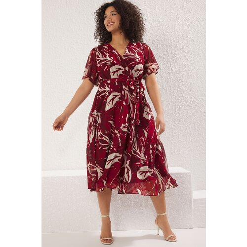 Trendyol Curve Multicolored-Red Tropical Leaf Patterned Chiffon Double Breasted Woven Dress Cene