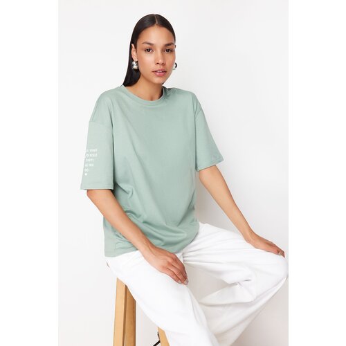 Trendyol Mint 100% Cotton Sleeve Slogan Printed Relaxed/Comfortable Fit Knitted T-Shirt Slike