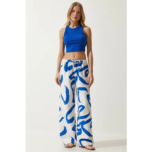 Happiness İstanbul Women's White Blue Patterned Raw Linen Palazzo Trousers