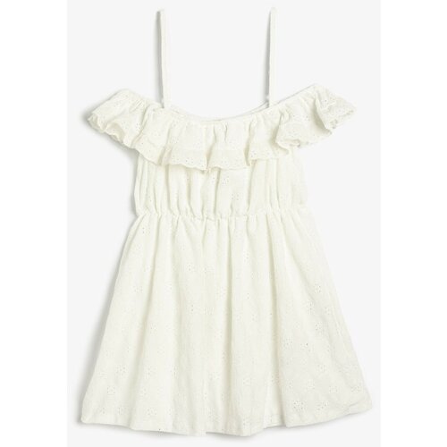 Koton Girl's Off Shoulder Strap Ruffled Scalloped Embroidered Dress 3skg80158ak Cene