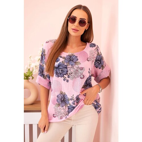 Kesi Włoski Women&amp;#039;s cotton blouse with short sleeves and a floral pattern light pink Slike