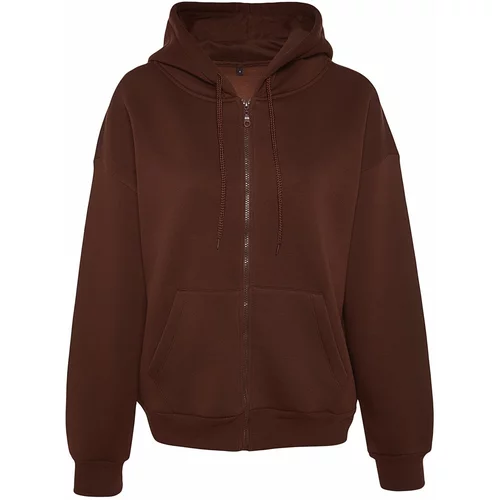Trendyol Brown Oversize/Comfortable Fit Basic Hooded Knitted Sweatshirt with Fleece Inside
