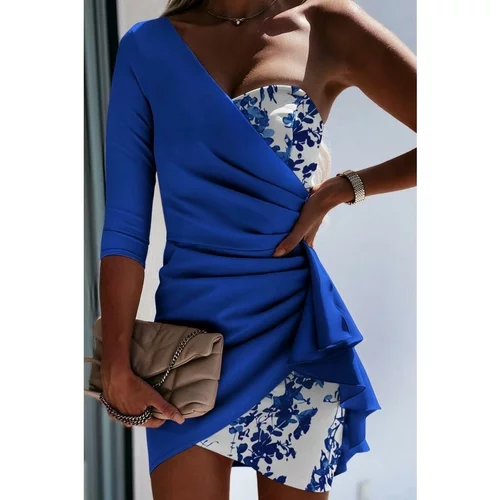 Fenzy elegantna mini obleka s potiskom aquilea, kraljevsko modra