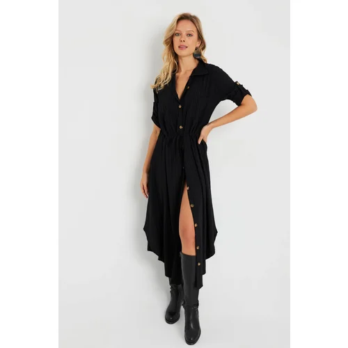 Cool & Sexy Women's Midi Shirt Dress Black Q984