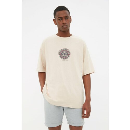 Trendyol Beige Men's Relaxed Fit Crew Neck Short Sleeve Printed T-Shirt Slike