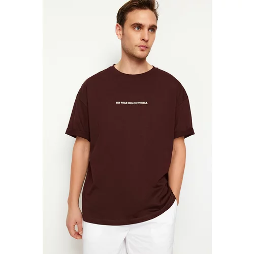 Trendyol Dark Brown Men's Oversize Fluffy Text Printed 100% Cotton T-Shirt