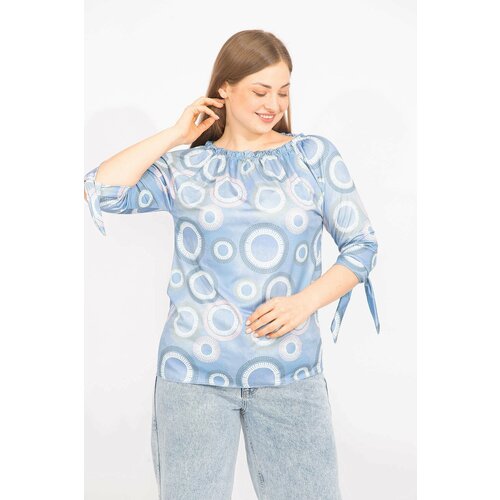 Şans Women's Blue Plus Size Collar Elastic Sleeve Laced Blouse Slike