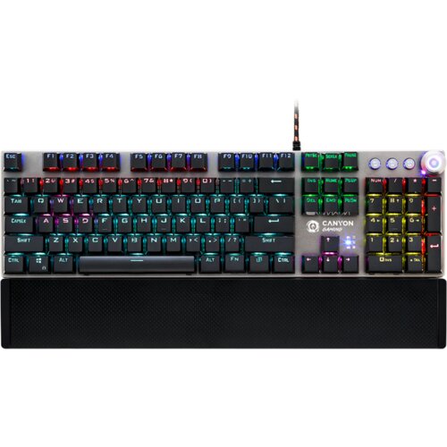 Canyon Nightfall GK-7, Wired Gaming Keyboard,Black 104 mechanical switches,60 million times key life, 22 types of lights,Removable magnetic wrist rest,4 Multifunctional control knob,Trigger actuation 1.5mm,1.6m Braided cable,US layout,dark grey, size:435*125*37.47mm Cijene