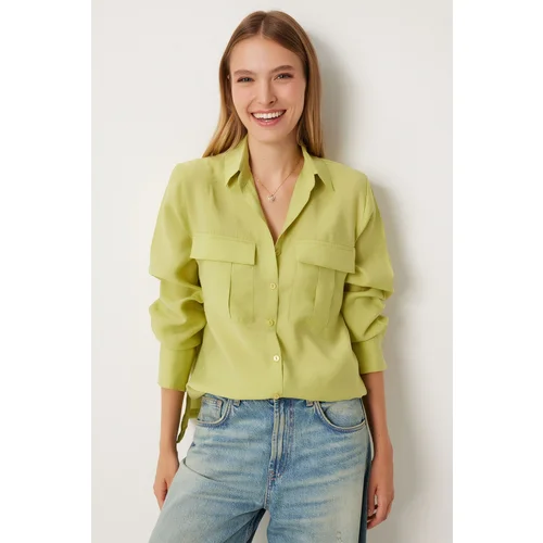 Happiness İstanbul Women's Oil Green Wide Pocket Tencel Shirt