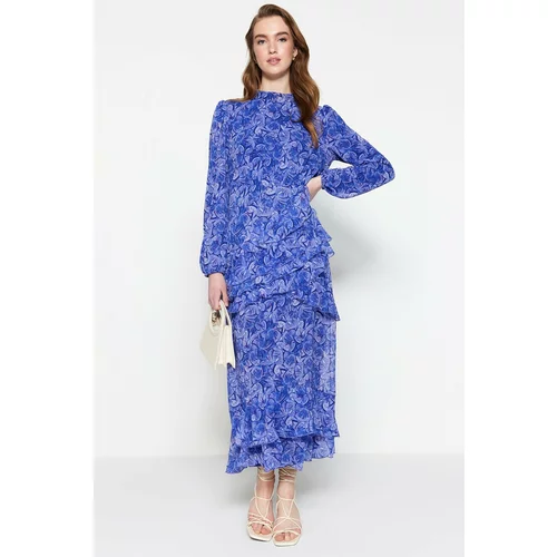 Trendyol Blue Floral Skirt With Frilly Lined Woven Chiffon Dress