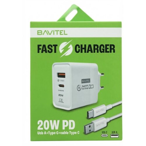 BAVIN Bavitel punjač 20W PD Usb A+ Type C +kabl Usb A/ Type C bela ( 92012 ) Slike
