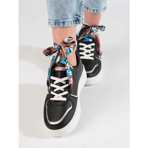 Shelvt Women's black sneakers tied with a ribbon Slike