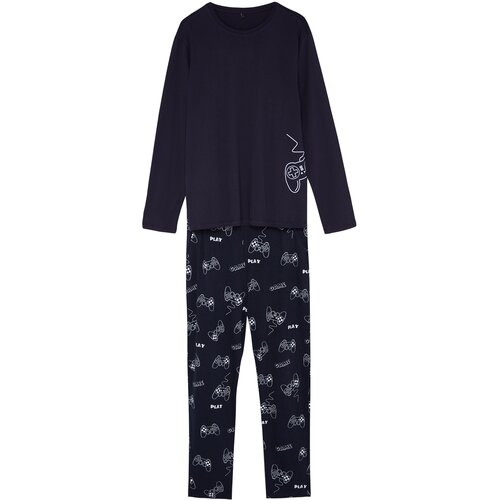 Trendyol Men's Navy Regular Fit Printed Knitted Pajamas Set Slike
