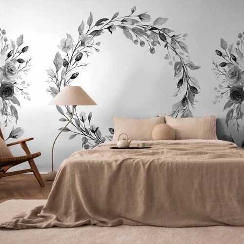  Foto tapeta - Romantic wreath - grey plant motif with leaves with rose pattern 500x350 Cene