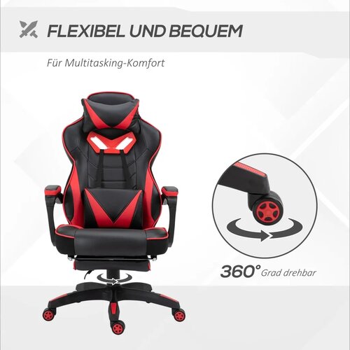  Ergonomska gamerska stolica okretna s uvlačivim osloncem za noge podesivim naslonom PU koža crna‑crvena Slike