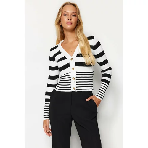 Trendyol Black Crop Striped Premium Knitwear Cardigan