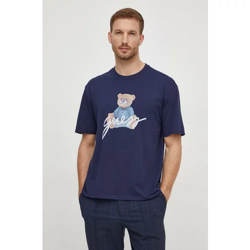 Guess Bombažna kratka majica moški, mornarsko modra barva