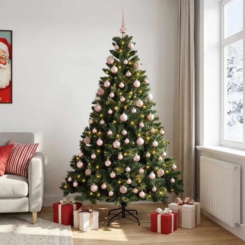  Umjetno božićno drvce s kuglicama 240 cm 300 LED lampica - Zelena 240 cm s LED-ima i ružičastim lopticama Slike