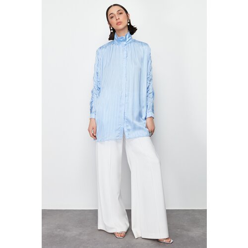 Trendyol Blue Glitter Striped Sleeve Gathered Woven Shirt Slike