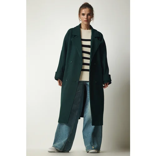  Women's Emerald Green Double Breasted Neck Belted Oversize Cachet Coat