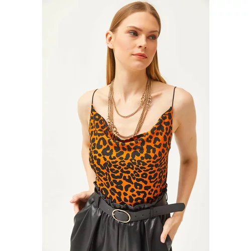 Olalook Women's Leopard Orange Turndown Collar Rope Strappy Blouse