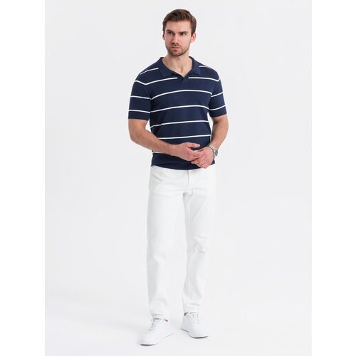 Ombre Men's horizontal striped polo shirt with viscose - navy blue and white Cene