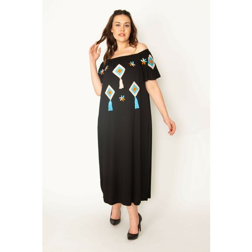 Şans Women's Plus Size Black Embroidery Detailed Collar Elastic And Side Pocket Viscose Dress Slike
