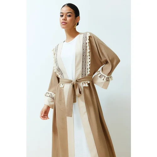 Trendyol Brown Belted Brode Detail Crinkle Woven Kimono & Kaftan & Abaya