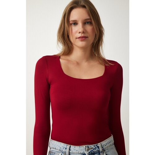 Women's Claret Red Square Collar Viscose Knitted Blouse Slike