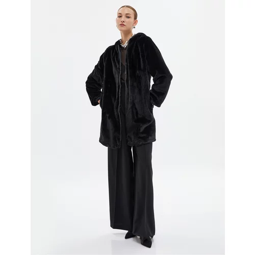 Koton Plush Long Coat Zippered Hooded Pocket Detailed