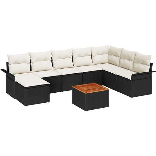 VidaXL 9-dijelni set vrtnih sofa s jastučićima crni poli ratan akacija, 2-sjedna vrtna sofa s pohranom i jastučićima crni poli ratan Slike