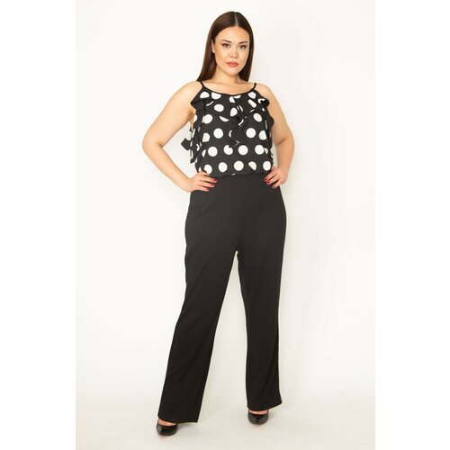 Şans Women's Plus Size Black V-Neck Jumpsuit with Straps and Flounce Sleeves with Elastic Detail at the Waist. Slike