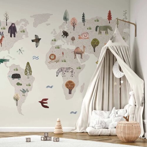  Foto tapeta - Beige World - Continents With Animals in Muted Colours 400x280 Vodootporna Cene