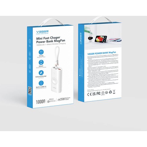 Veger prenosna baterija MagFan 10000 mAh, vgrajen kabel in Apple Watch polnilnik, bela Slike