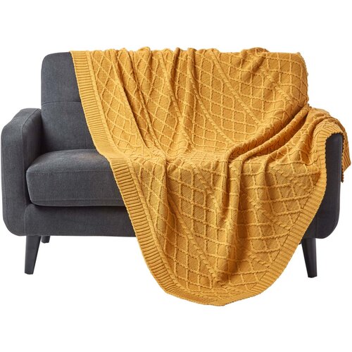 HOMESCAPES Bombažna odeja Mustard Diamond Cable Knit, 150x200 cm, (20749786) Cene