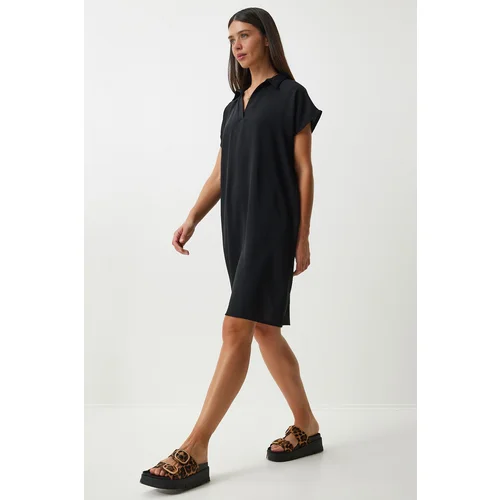 Happiness İstanbul Women's Black Polo Neck Summer Loose Linen Ayrobin Dress