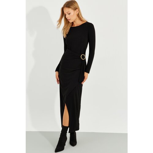 Cool & Sexy Women's Black Buckled Wraparound Maxi Dress Cene