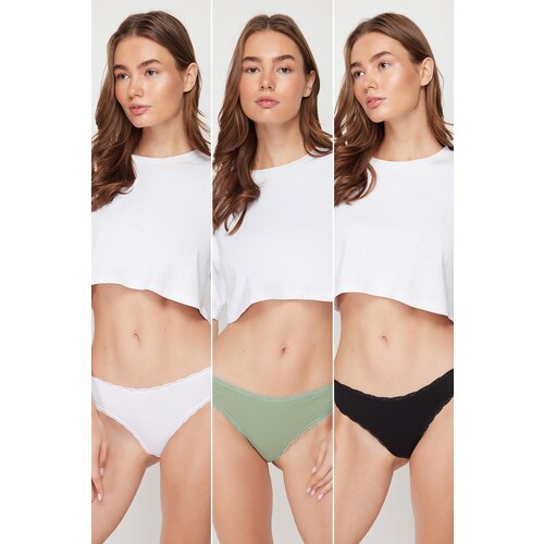 Trendyol Black-White-Mint 3-Pack Cotton Lace Detailed Classic Panties Slike