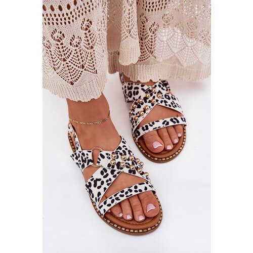 Boto Women's Flat Sandals With Golden Studs Black-White Zanira Cene