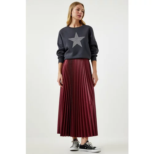 Happiness İstanbul Women's Burgundy Shiny Surface Pleated Knitted Skirt