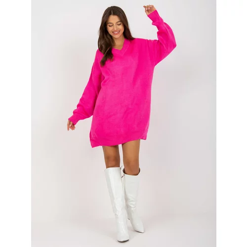 Fashion Hunters Fluo pink loose knitted dress with V-neck RUE PARIS