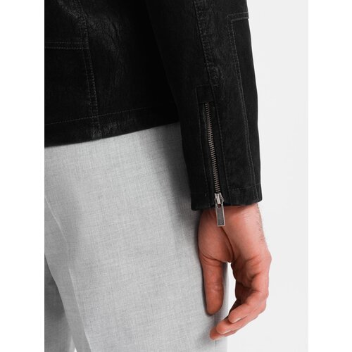 Ombre Men's retro-style biker jacket with stand-up collar - black Cene
